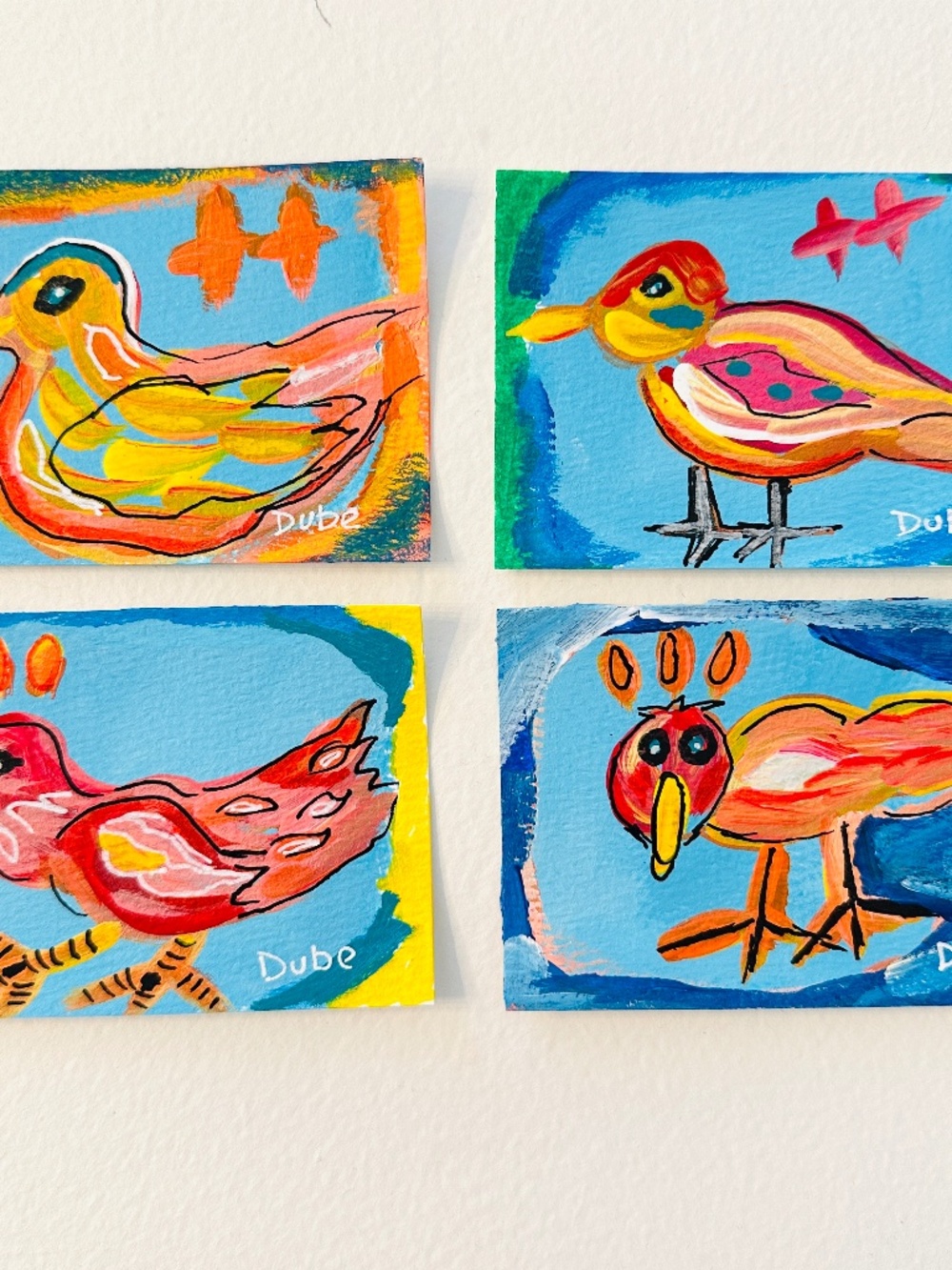 ACEO Original Art Cards - Whimsical Birds (Set of 4) Hand-Painted, One-of-a-Kind